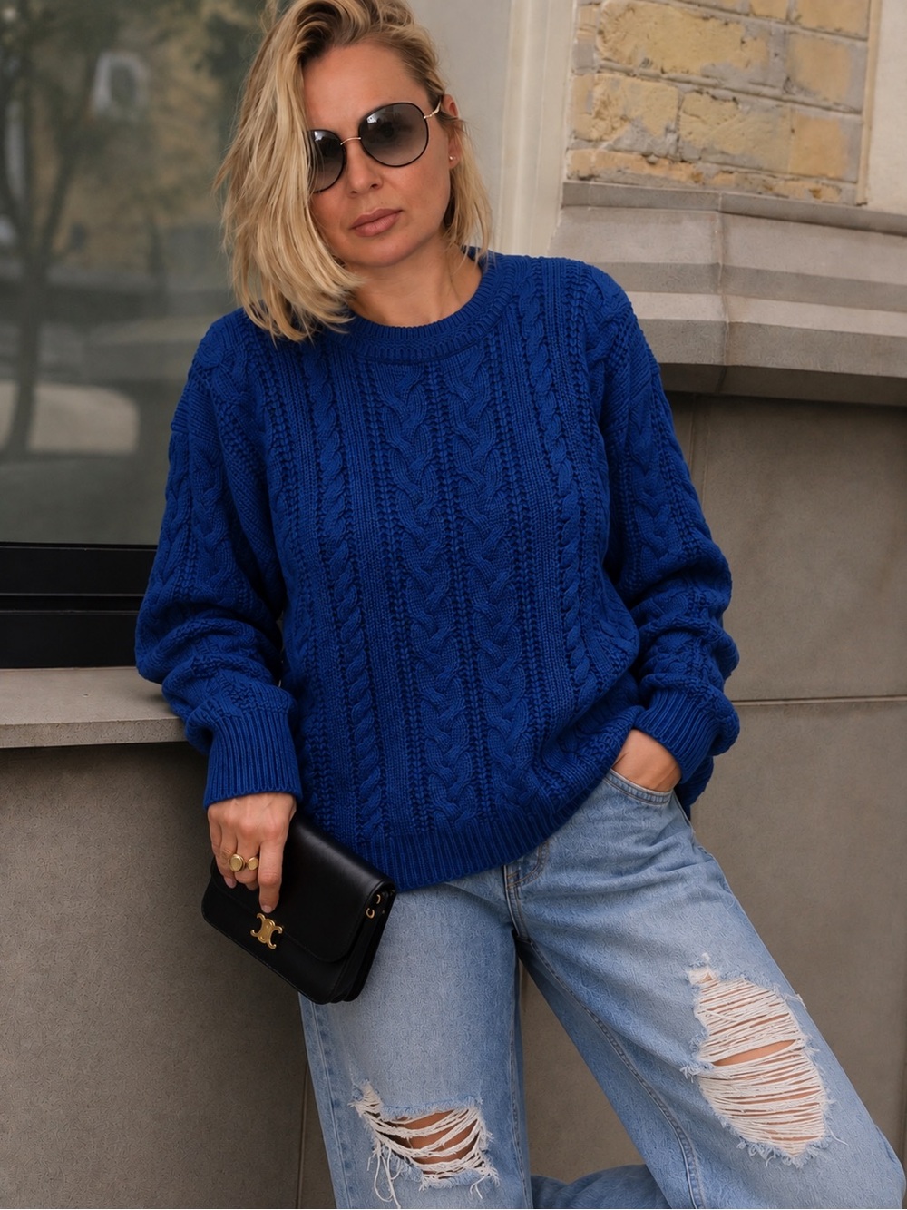 Vintage Y2K Carriage Court Blue Cable Knit Sweater Women’s L 14-16 Oversized